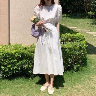 Short-sleeve Plain Cutout-back Midi A-line Dress