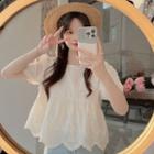 Lantern-sleeve Round-neck Lace Top White - One Size