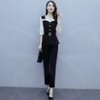 Set: Long-sleeve Plain/dotted Blouse + High-waist Plain Straight Leg Pants