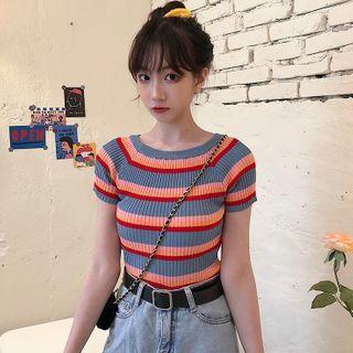 Off-shoulder Striped Short-sleeve Knit Top Multicolor - One Size