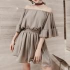 Elbow-sleeve Off Shoulder Chiffon Playsuit