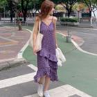 Floral Print Spaghetti-strap Midi Chiffon Dress Purple - One Size
