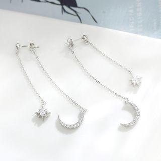925 Sterling Silver Rhinestone Moon & Star Dangle Earring Earring - Star & Moon - Silver - One Size