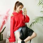 Hood Wide-sleeve Slit-detail Pullover
