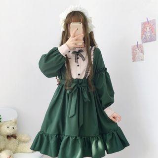 Long-sleeve Lace Detail A-line Dress Dark Green - One Size