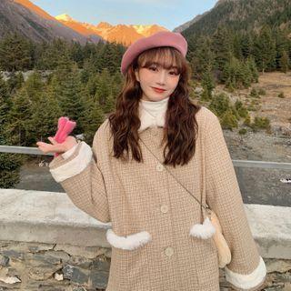 Fluffy Panel Plaid Coat