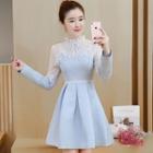 Frilled Neck Lace Panel Long-sleeve A-line Dress
