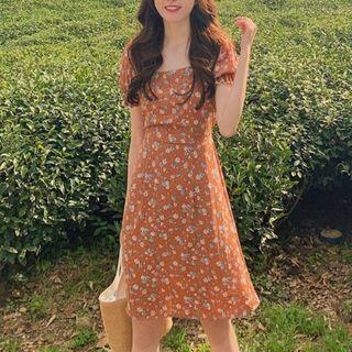 Balloon-sleeve Floral Print A-line Dress Dark Orange - One Size