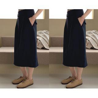 [dearest] Slit-back Long Skirt With Belt (navy Blue)