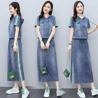 Set: Short-sleeve Denim Hoodie + Midi A-line Skirt