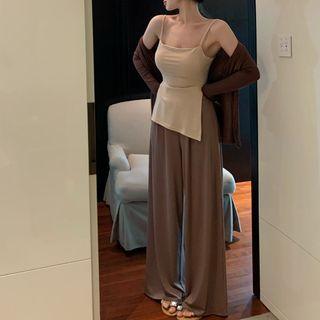 Cardigan / Slit Camisole Top / Wide Leg Pants