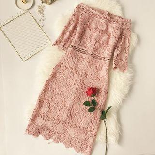 Off-shoulder Lace Elbow-sleeve Dress