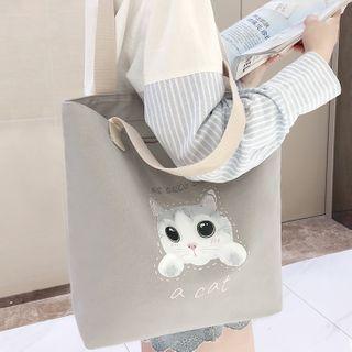 Cat Print Canvas Tote Bag Kitty Head - Gray - One Size