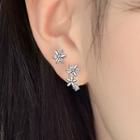 Flower Rhinestone Asymmetrical Earring With Ear Plug - 1 Pair - Asymmetric Flower Earrings - Silver - One Size