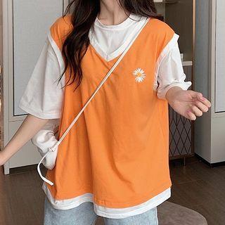 Mock Two-piece Short-sleeve Daisy Print T-shirt