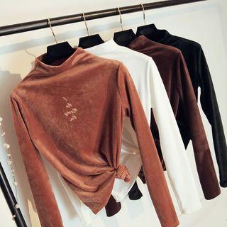 Mock-turtleneck Letter Embroidered Velvet Long -sleeve Top