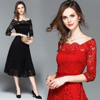 Off Shoulder Elbow-sleeve Lace Cocktail Dress