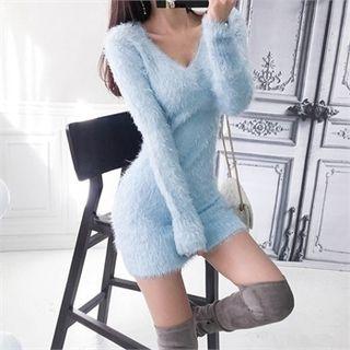 V-neck Furry Mini Bodycon Dress