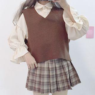 Set: Flared-cuff Blouse + V-neck Vest
