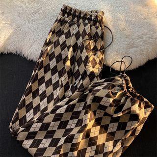 Drawstring-cuff Argyle Wide Leg Pants