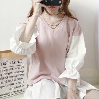 V-neck Color Block 3/4-sleeve T-shirt / High Waist Skort