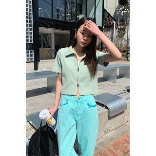 Pastel Collared Cropped Zip-up Cardigan
