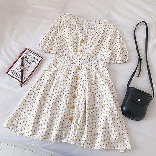 Single-breasted V-neck Floral Short-sleeve Dress