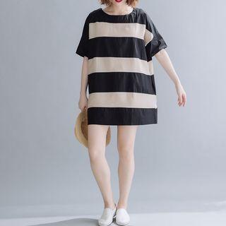 Striped Short-sleeve Dress As Shown In Figure - L