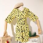 Elbow-sleeve Leopard Print A-line Dress Yellow - One Size