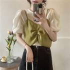 Puff-sleeve Plain Blouse / Cropped Camisole Top