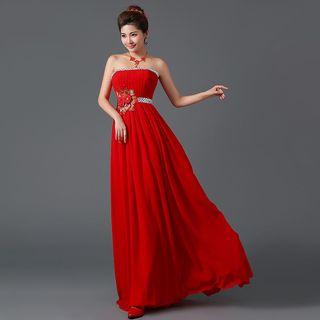 Flower Applique Strapless Evening Gown