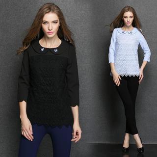 Embellished Collar Lace Panel Blouse