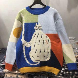 Cat Print Sweater As Shown In Figure - One Size