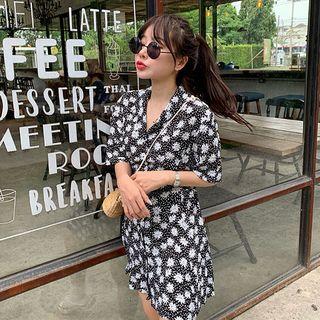 Notched-lapel Floral Print Dress Black - One Size