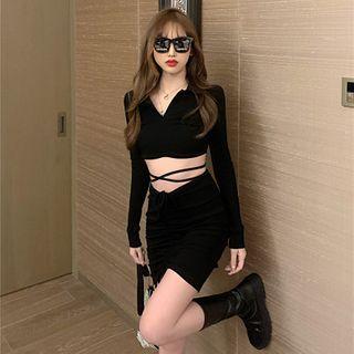 Set: Long-sleeve Top + Fitted Skirt Black - One Size