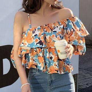 Floral Print Ruffled Camisole Top Floral Print - Orange - One Size