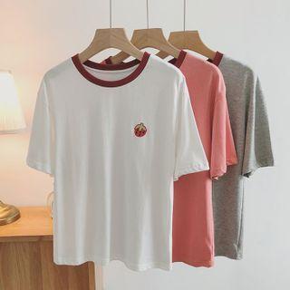 Contrast Trim Strawberry Embroidered T-shirt
