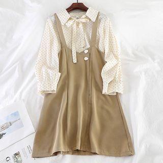 Set: Dotted Chiffon Blouse + Button Detail Jumper Dress