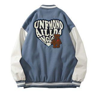 Letter Bear Embroidered Baseball Jacket