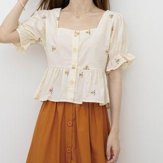 Short-sleeve Embroidered Blouse Beige Almond - One Size