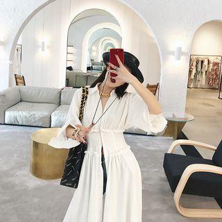 Elbow-sleeve A-line Midi Shirt Dress
