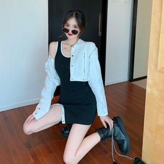 Zip Detail Cropped Denim Jacket / Contrast Trim Sleeveless Mini Sheath Dress