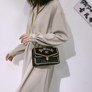 Sequined Panel Embroidered Trim Lettering Crossbody Bag