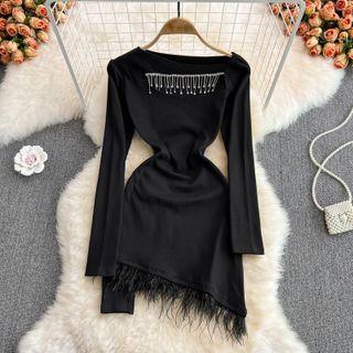 Long-sleeve Fringed Hem Mini Sheath Dress Black - One Size