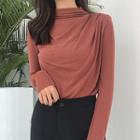 Long-sleeve Turtle Neck Plain Frilled Top