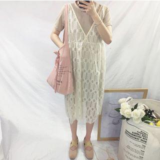 Set : Short-sleeve T-shirt + Sleeveless Lace Dress