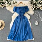 Short-sleeve Off-shoulder Plain Ruffle Dress