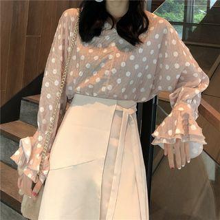 Dot Long-sleeve Loose-fit Top / Plain Skirt