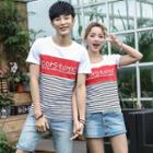 Couple Matching Lettering Striped Short Sleeve T-shirt
