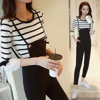 Set: Stripe Elbow-sleeve T-shirt + Spaghetti Strap Dungaree